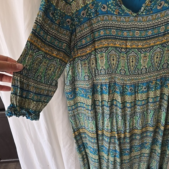 J Jill Long Dress 3/4 Sleeve V-neck Green Blue Paisley Size L Boho Cottagecore - Picture 3 of 15